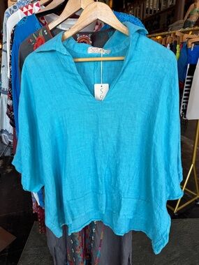 Sofia Italian Linen Tunic OSFM Turquoise NWT Oversized Top